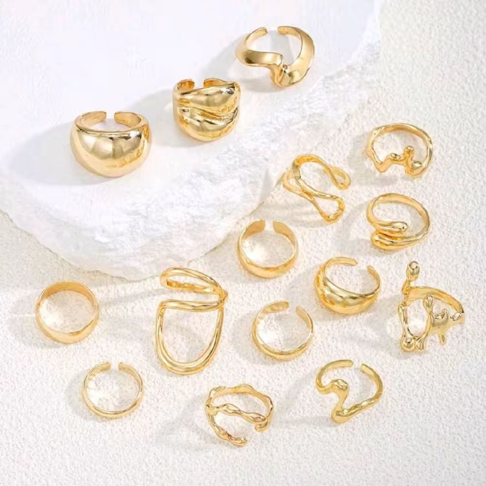15pcs Set Exaggerated Asymmetrical Fluid Design Rings for Women - Casual, Date, Birthday Gift, Daily Wear