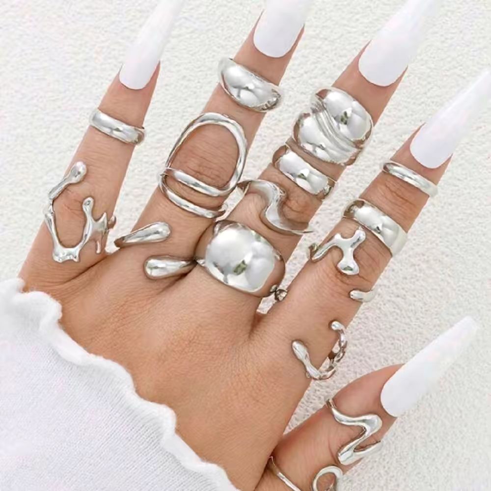 15pcs Set Exaggerated Asymmetrical Fluid Design Rings for Women - Casual, Date, Birthday Gift, Daily Wear