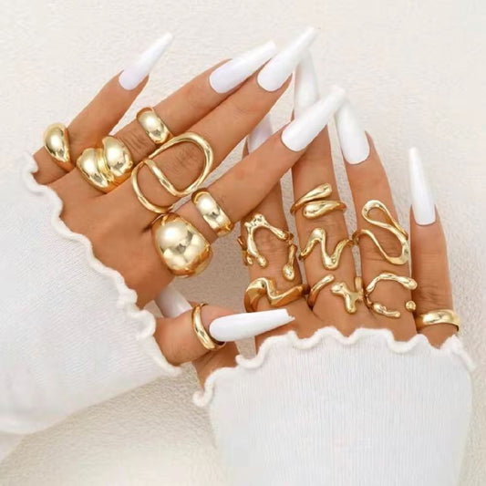 15pcs Set Exaggerated Asymmetrical Fluid Design Rings for Women - Casual, Date, Birthday Gift, Daily Wear