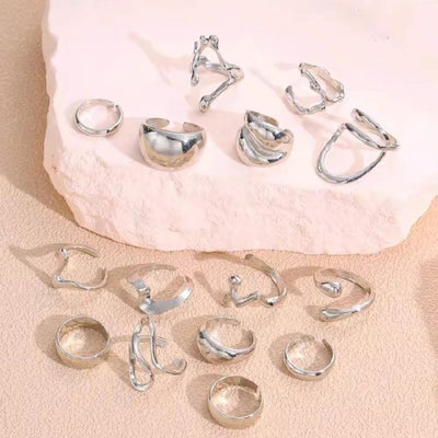 15pcs Set Exaggerated Asymmetrical Fluid Design Rings for Women - Casual, Date, Birthday Gift, Daily Wear